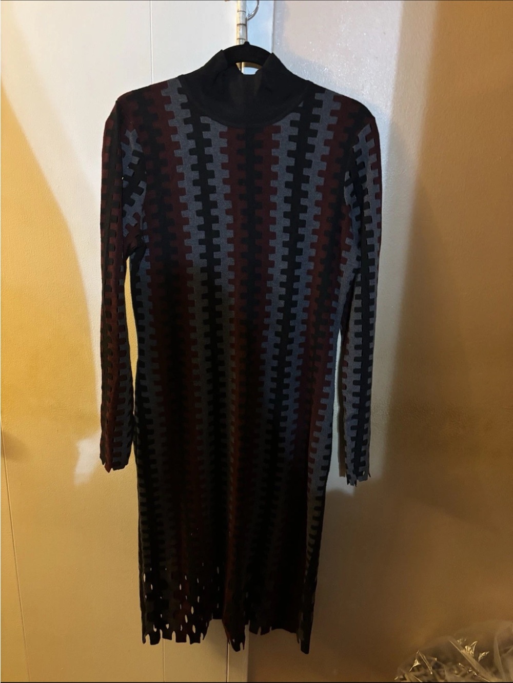 Diane Von Furstenberg Black and Burgundy Patterned Turtleneck Knit Dress
